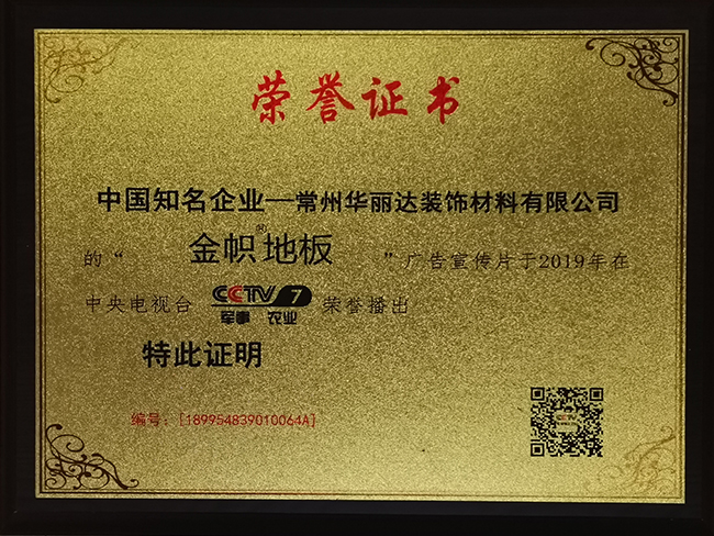 央視展播榮譽(yù)證書